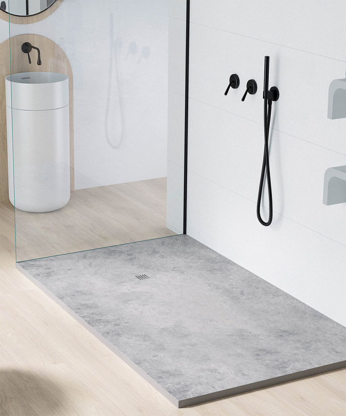 Duschwanne Beton-Optik, Glatt-Finish Stone 3D, farblich passender Ablaufrost