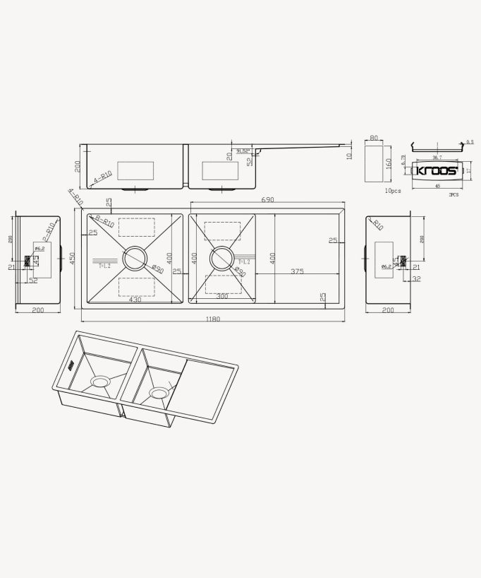 Doppelspülbecken 1180 mm – gebürstetes Messing – Filao