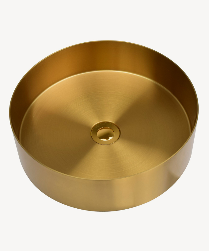 Runde Aufsatz-Waschtischschale aus Edelstahl mit gebürsteter Gold-PVD-Oberfläche