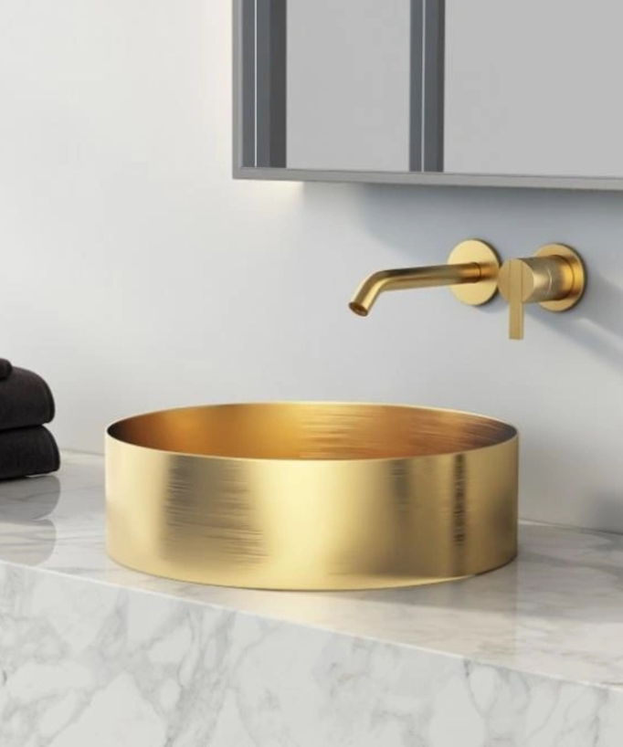 Runde Aufsatz-Waschtischschale aus Edelstahl mit gebürsteter Gold-PVD-Oberfläche