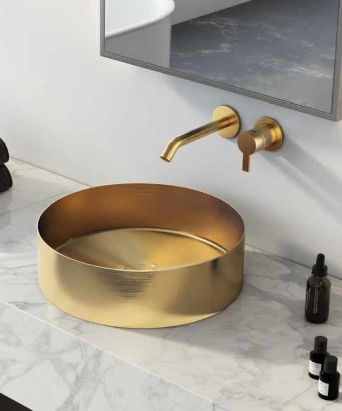 Runde Aufsatz-Waschtischschale aus Edelstahl mit gebürsteter Gold-PVD-Oberfläche