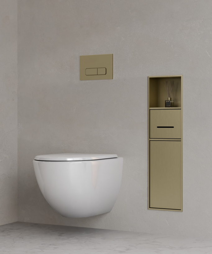 Einbau-Toilettennische mit Fächern – Gebürstetes Gold