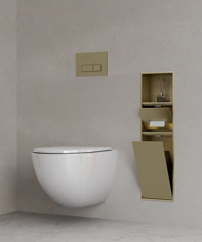 Einbau-Toilettennische mit Fächern – Gebürstetes Gold