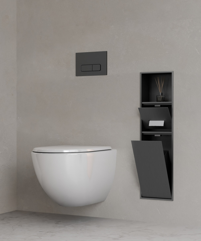 Einbau-WC-Nische mit Fächern – Gun Metal