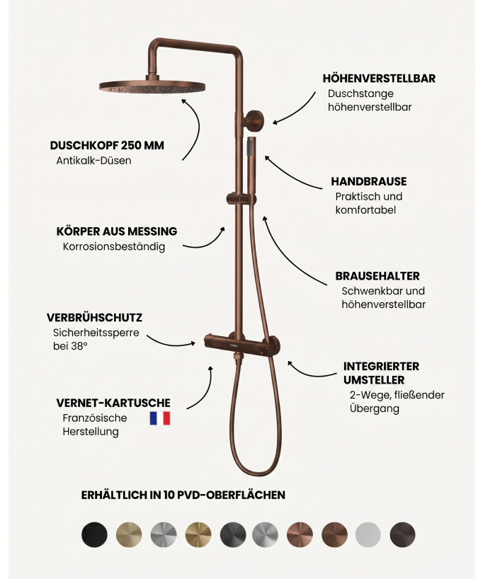 Thermostat-Duschsäule, gebürstetes Roségold, Regenbrause und höhenverstellbarer Handbrausehalter - Corbeau