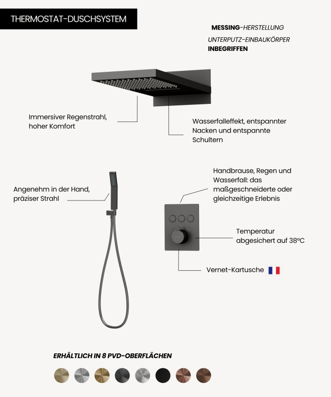 Unterputz-Duschsystem Thermostat Sirius, 3 Funktionen: Handbrause, Regenstrahl, Wasserfall
