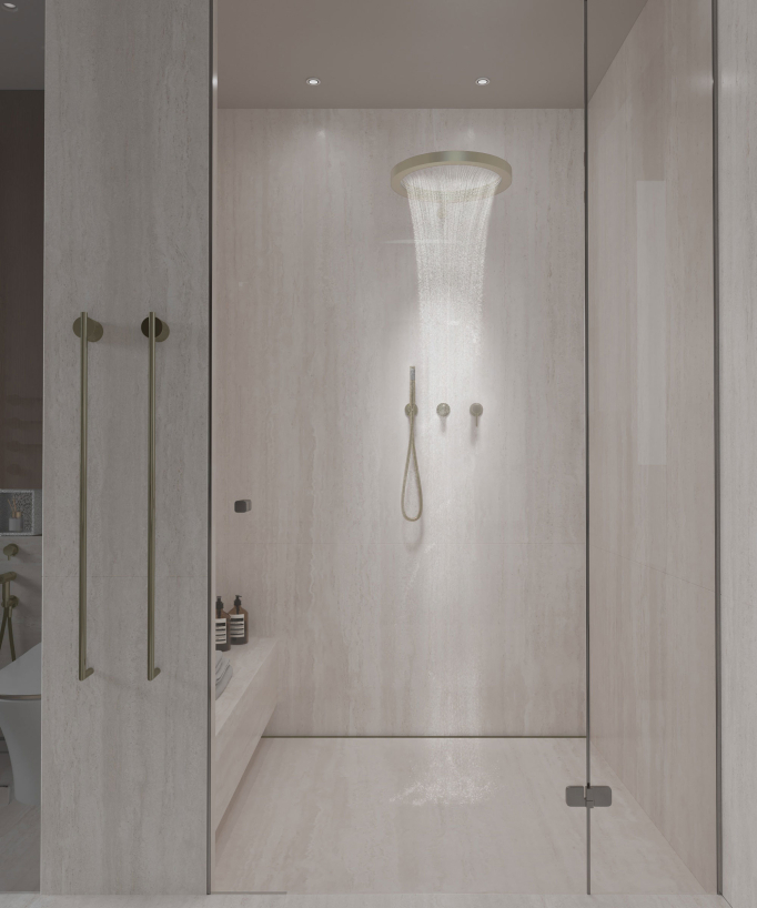 Duschset mit runder Regenbrause, gebürstetes Gold – Corbeau