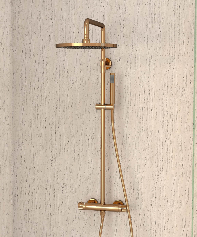 Thermostat-Duschsäule Roségold, Regenduschkopf und höhenverstellbare Handbrausenhalterung - Corbeau