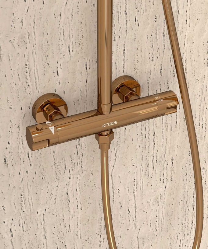 Thermostat-Duschsäule Roségold, Regenduschkopf und höhenverstellbare Handbrausenhalterung - Corbeau
