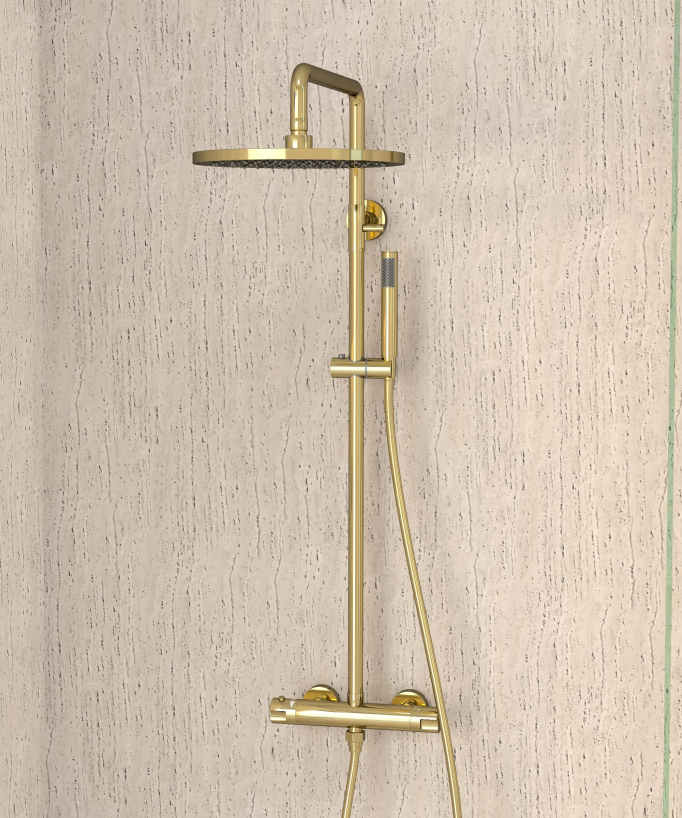 Thermostatische Duschsäule Gold, Regendusche und höhenverstellbare Handbrausehalterung – Corbeau