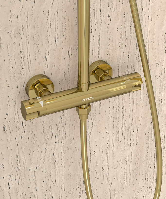 Thermostatische Duschsäule Gold, Regendusche und höhenverstellbare Handbrausehalterung – Corbeau