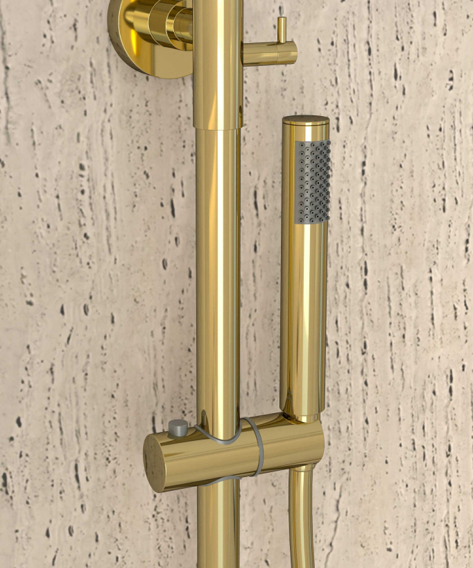 Thermostatische Duschsäule Gold, Regendusche und höhenverstellbare Handbrausehalterung – Corbeau