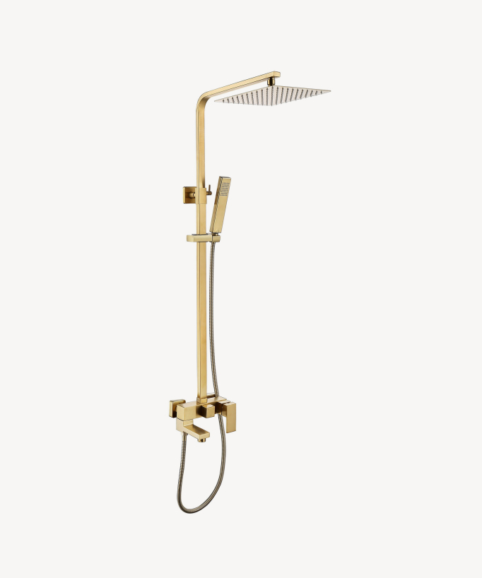 Duschsystem Sirius, gebürstetes Gold mit Regendusche, Handbrause und Wanneneinlauf