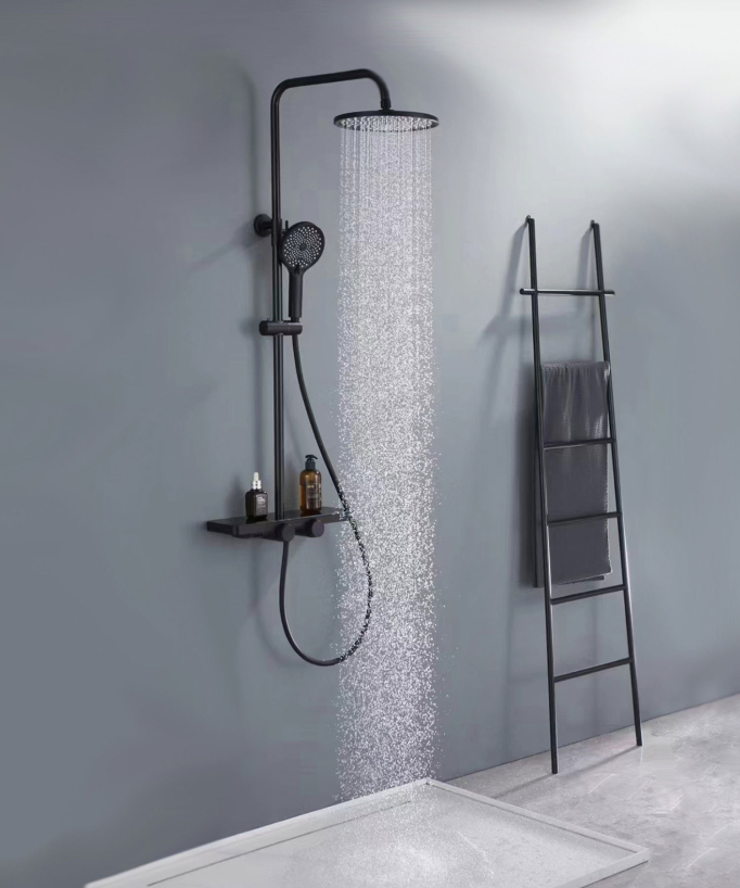Duschsäule Schwarz mit Thermostat, Regendusche, Ablage und Handbrause