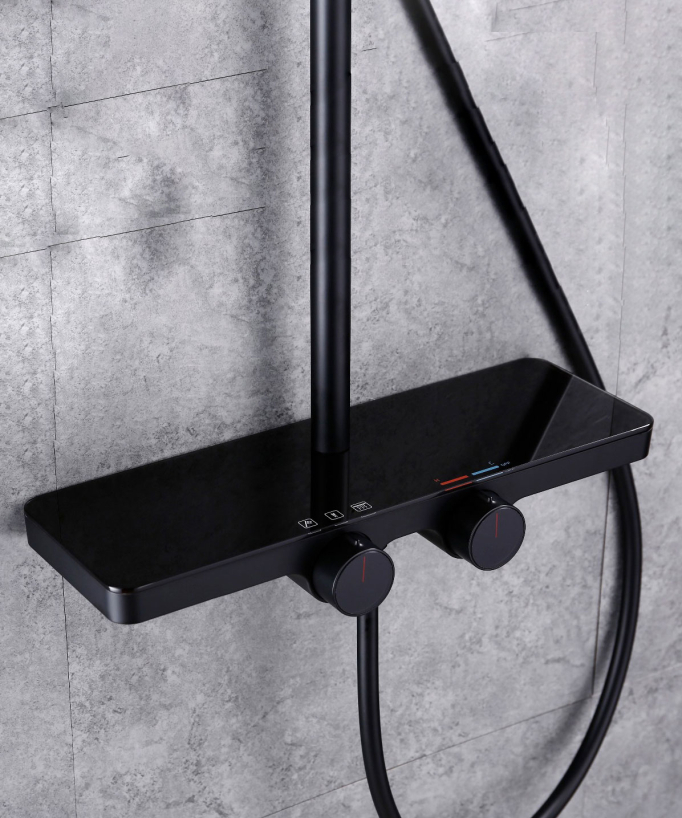 Duschsäule Schwarz mit Thermostat, Regendusche, Ablage und Handbrause