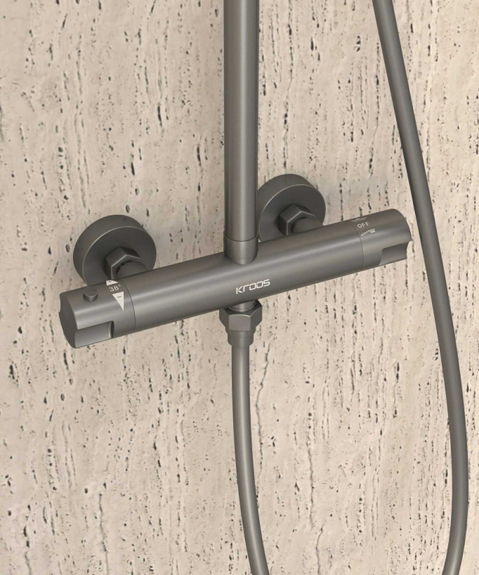 Thermostat-Duschsäule Gunmetal mit Kopfbrause, höhenverstellbarer Handbrausenhalter – Corbeau