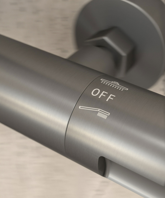Thermostat-Duschsäule Gunmetal mit Kopfbrause, höhenverstellbarer Handbrausenhalter – Corbeau