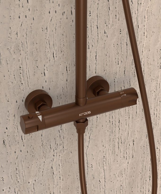 Thermostat-Duschsäule, gebürstetes Roségold, Regenbrause und höhenverstellbarer Handbrausehalter - Corbeau