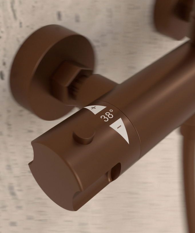 Thermostat-Duschsäule, gebürstetes Roségold, Regenbrause und höhenverstellbarer Handbrausehalter - Corbeau