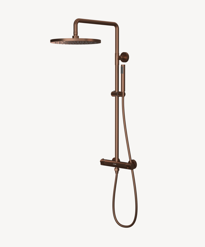 Thermostat-Duschsäule, gebürstetes Roségold, Regenbrause und höhenverstellbarer Handbrausehalter - Corbeau