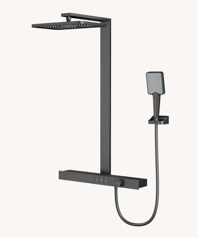 Thermostat-Duschsäule mit Ablage – Gunmetal