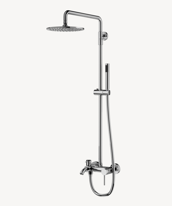 Colonne bain douche classique chromé, dotée d'un pommeau de douche rond à picots anticalcaire, d'une douchette avec flexible et support réglable en hauteur et d'un bec de bain