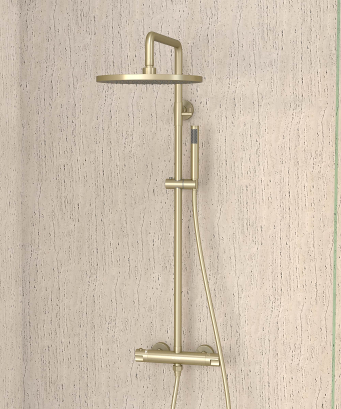 Thermostatische Duschsäule gebürstetes Gold, Regendusche und höhenverstellbare Handbrausenhalterung - Corbeau