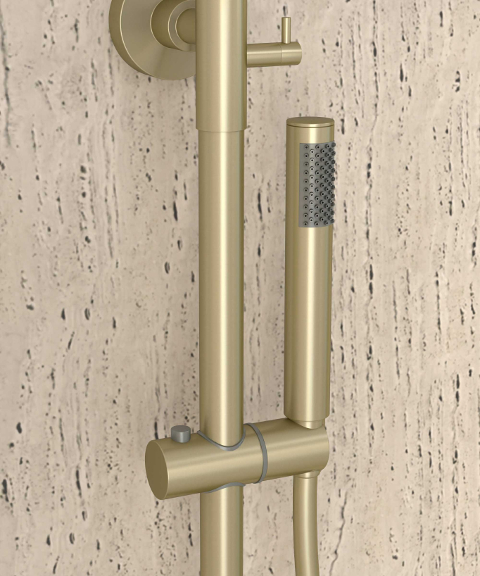 Thermostatische Duschsäule gebürstetes Gold, Regendusche und höhenverstellbare Handbrausenhalterung - Corbeau