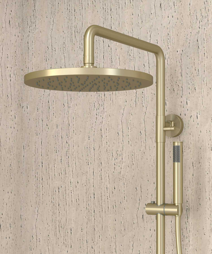 Thermostatische Duschsäule gebürstetes Gold, Regendusche und höhenverstellbare Handbrausenhalterung - Corbeau