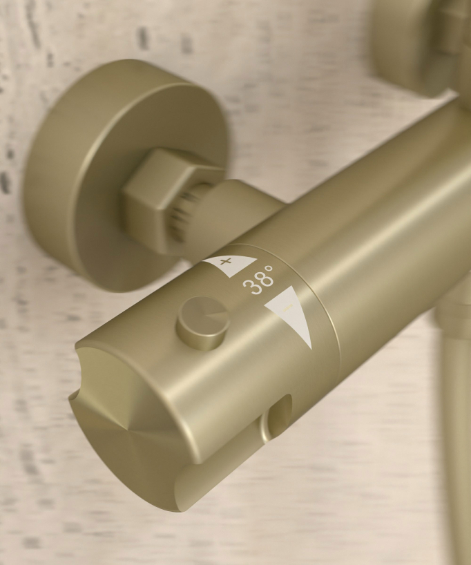 Thermostatische Duschsäule gebürstetes Gold, Regendusche und höhenverstellbare Handbrausenhalterung - Corbeau