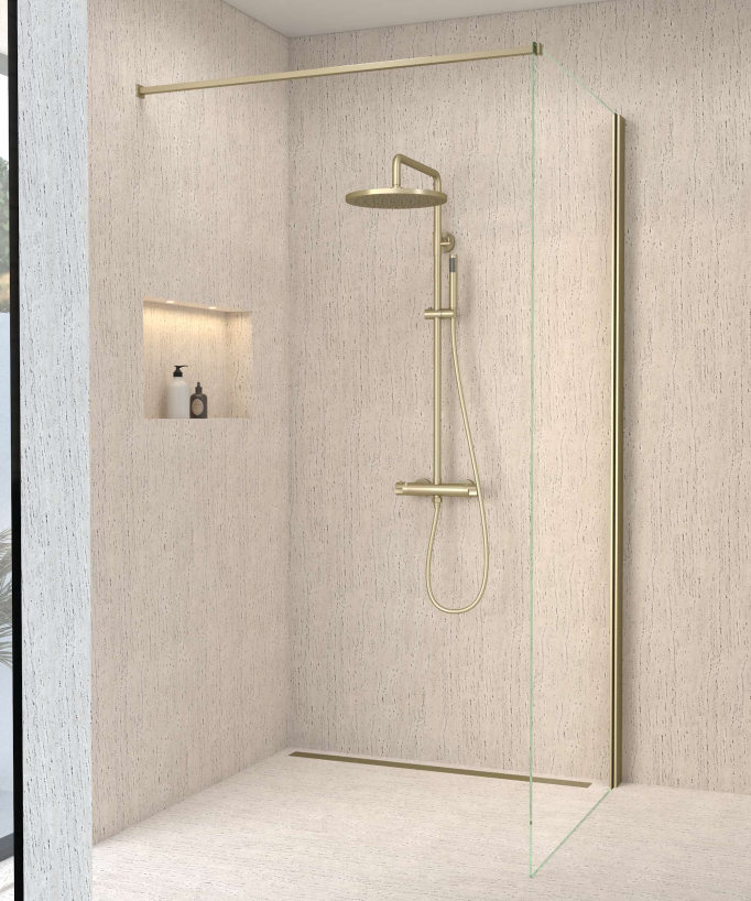 Thermostatische Duschsäule gebürstetes Gold, Regendusche und höhenverstellbare Handbrausenhalterung - Corbeau
