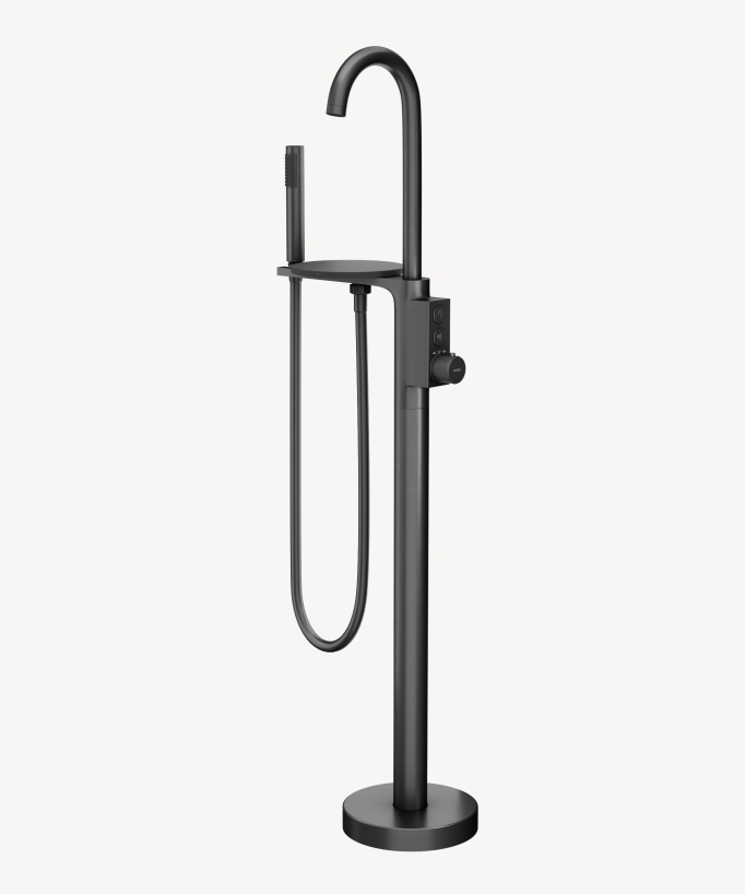 Robinet mitigeur thermostatique de baignoire au sol gun metal avec tablette intégrée