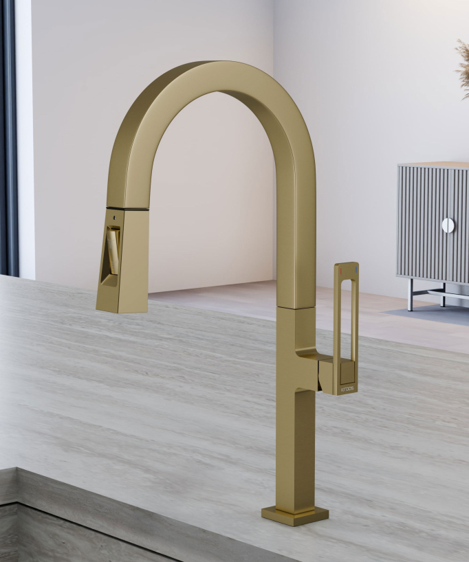 Moderner Hochdruck-Küchenmischer mit ausziehbarer Brause - Gebürstetes Gold