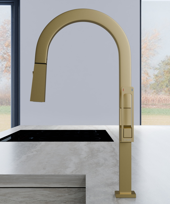 Moderner Hochdruck-Küchenmischer mit ausziehbarer Brause - Gebürstetes Gold