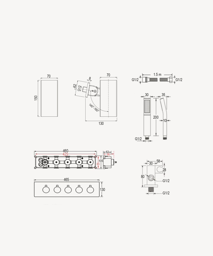 Sirius Unterputz-Thermostat-Duschsystem 4 Funktionen mit verstellbarer Kopfbrause Schwarz