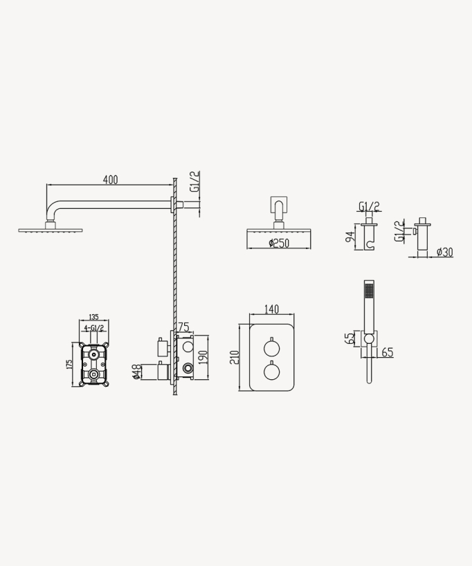 Unterputz Dusch-Thermostat-Set, gebürstetes Gold – Fiumina