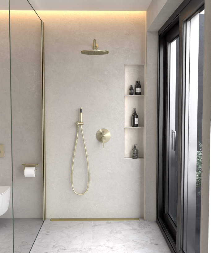 Moderner Unterputz-Duschset Regenstrahl gebürstetes Gold – Corbeau