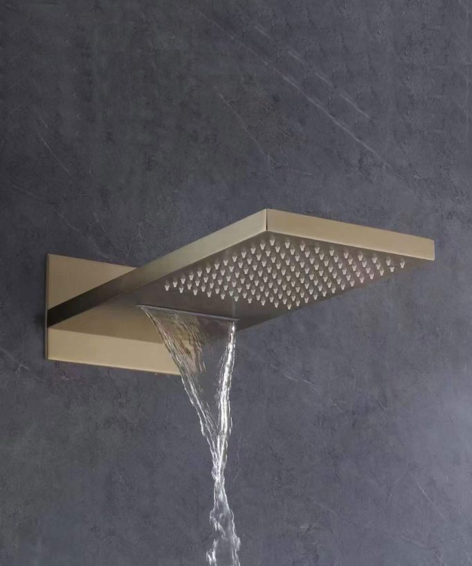 Thermostatische Unterputz-Duschsäule mit Regen- & Wasserfallfunktion, gebürstetes Gold – Sirius