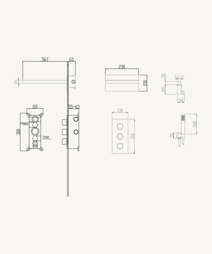 Unterputz-Duschsystem mit Thermostat und Doppelfunktion Regen- und Kaskadenstrahl Nickel gebürstet – Sirius