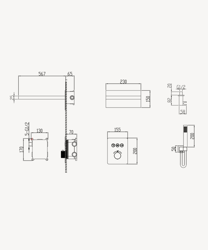 Unterputz-Duschsystem Thermostat 3 Funktionen Gebürstetes Gold - Sirius