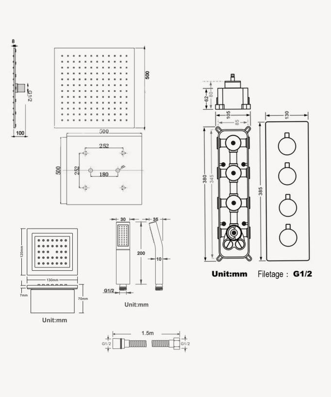 Thermostatisches Decken-Duschsystem 500 mm, 3 Körperdüsen Schwarz – Sirius