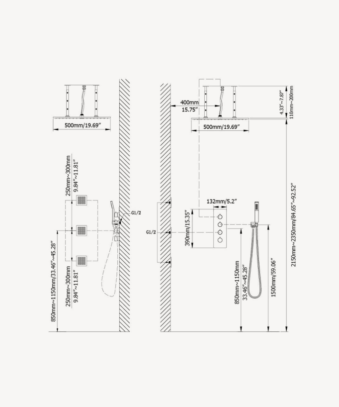 Unterputz-Thermostat-Duschsystem Decke 500 mm, 3 Körperdüsen Gunmetal – Sirius