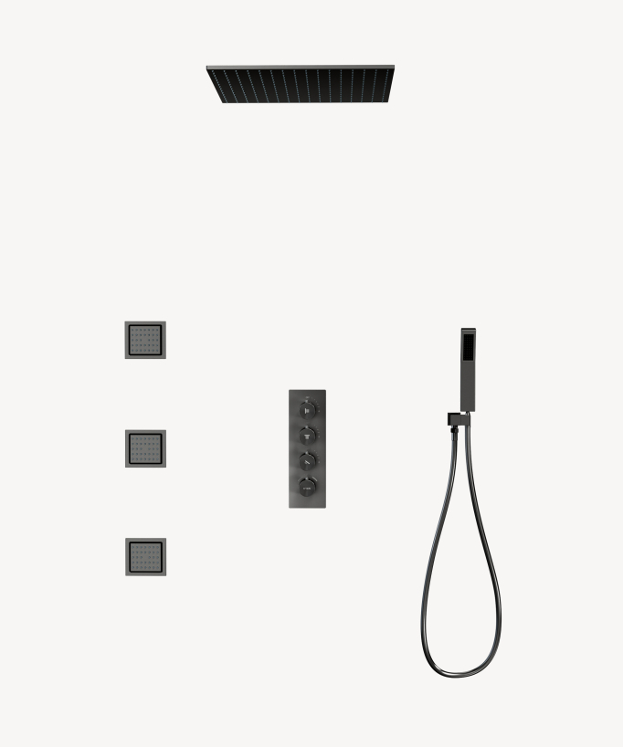 Unterputz-Thermostat-Duschsystem Decke 500 mm, 3 Körperdüsen Gunmetal – Sirius