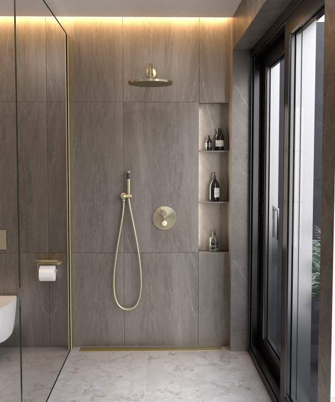 Unterputz-Duschsystem Thermostat Regendusche Kalkschutz gebürstetes Gold – Corbeau