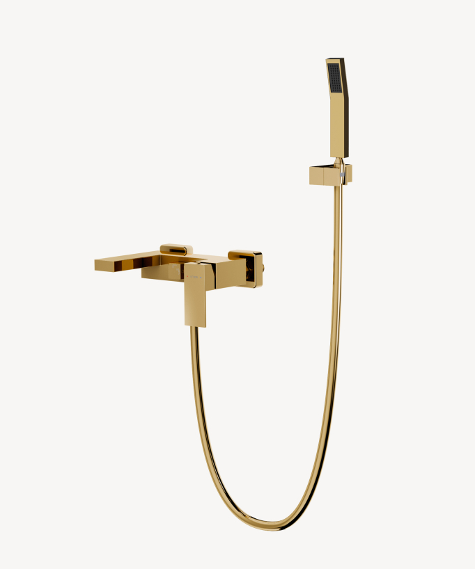 Robinet mitigeur bain douche avec douchette à main et support fixé au mur, dans une finition dorée brillante. 