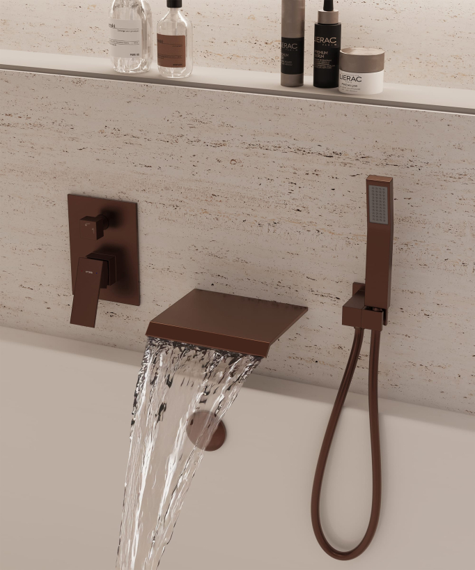 Unterputz-Wannen-Brausemischer mit Wasserfallauslauf, gebürstetes Roségold – Sirius