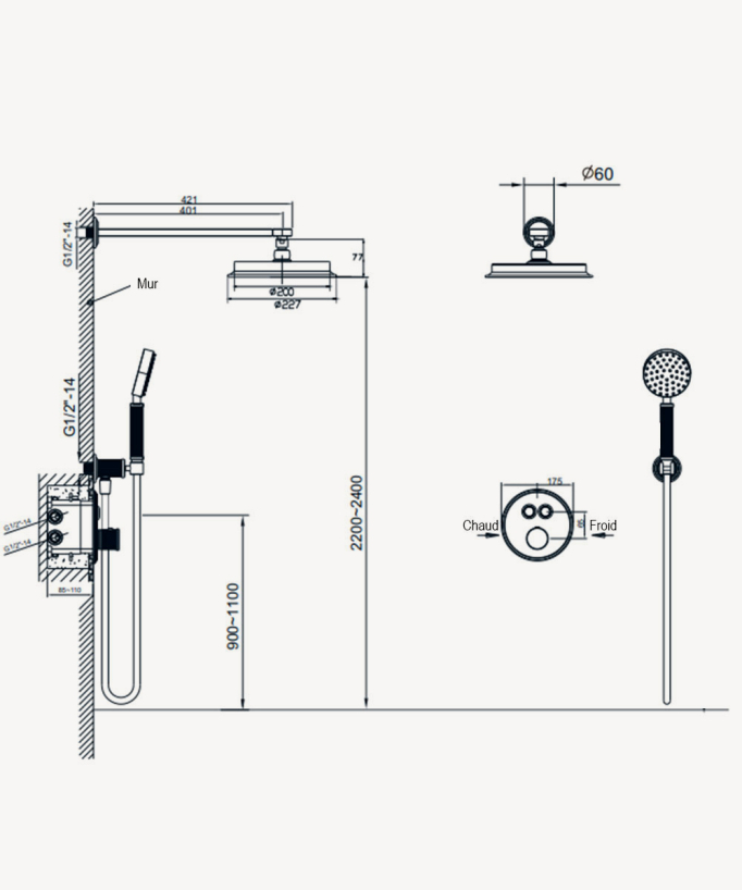 Unterputz-Thermostat-Duschsäule Nickel gebürstet - Hera