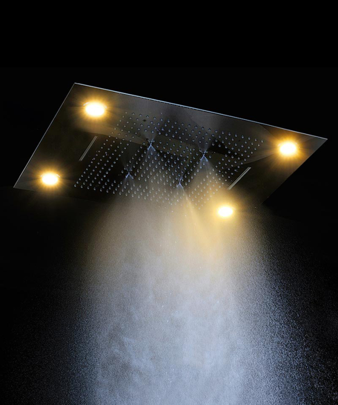 Thermostatische Duschsystem-Komposition mit LED-Regenhimmel und Chromotherapie – 80x60 cm – Gebürstetes Gold