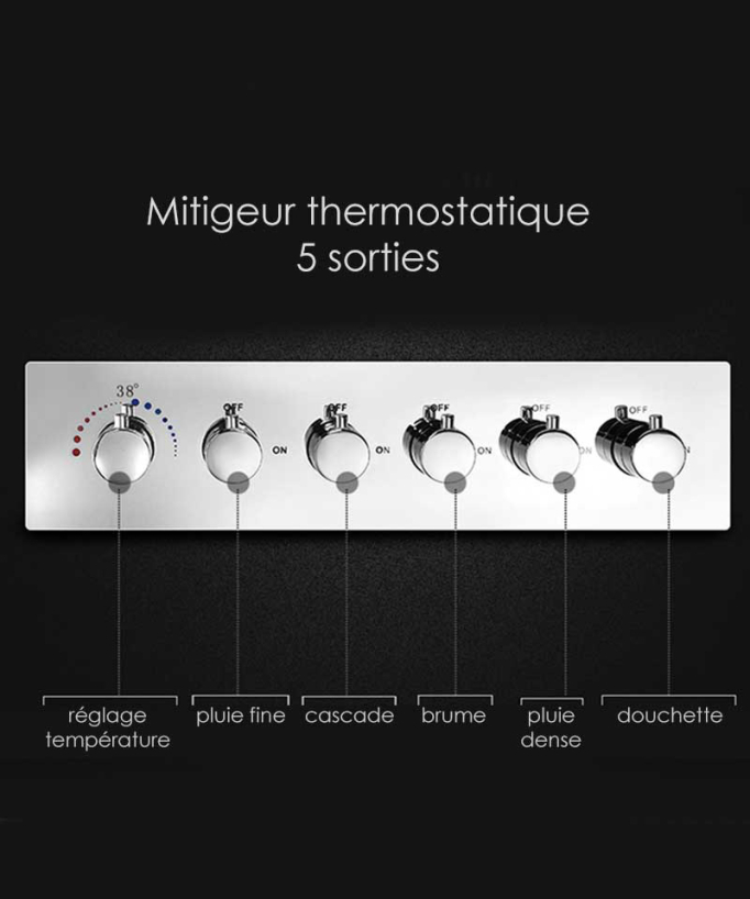 Thermostatische Duschlösung mit LED-Regendusche und Chromotherapie – 80x60 cm
