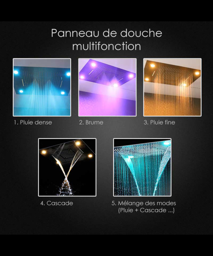 Thermostatische Duschkomposition mit LED-Regenhimmel und Chromotherapie - 80x60 cm - Gun Metal
